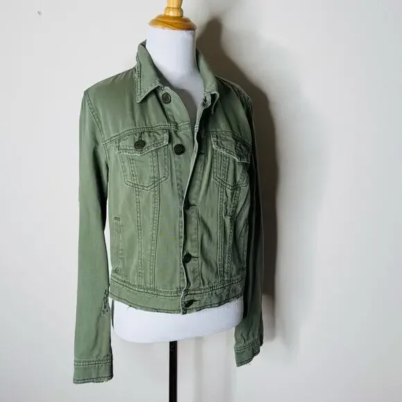 Free People Army Green Cropped Denim Jacket - Picture 3 of 7